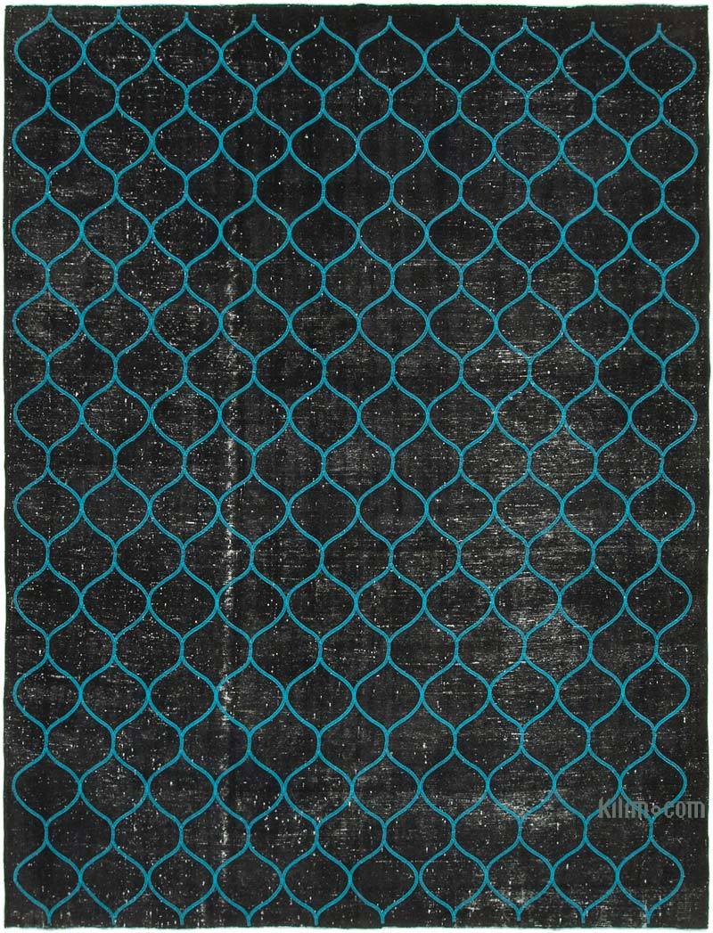 Siyah İşlemeli ve Boyalı El Dokuma Vintage Halı - 312 cm x 406 cm - K0042731