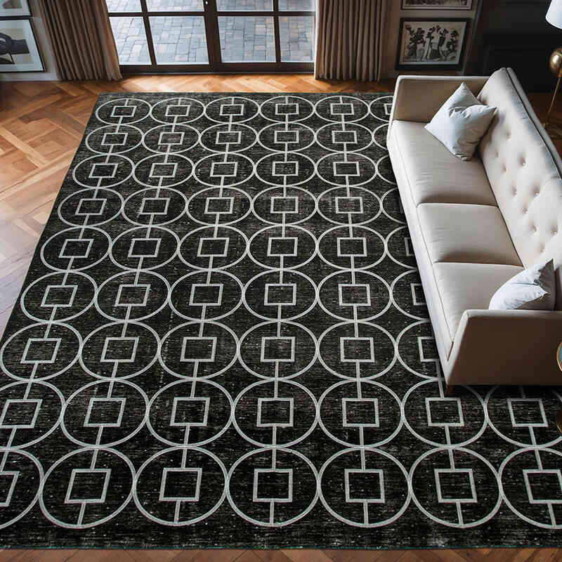 Siyah İşlemeli ve Boyalı El Dokuma Vintage Halı - 296 cm x 376 cm - K0042733