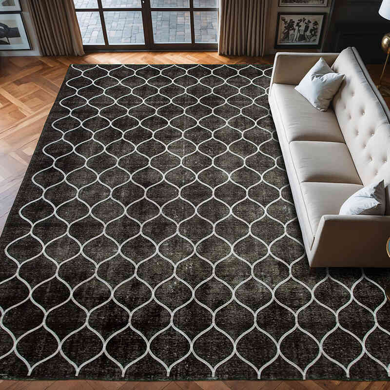 Siyah İşlemeli ve Boyalı El Dokuma Vintage Halı - 300 cm x 381 cm - K0042742