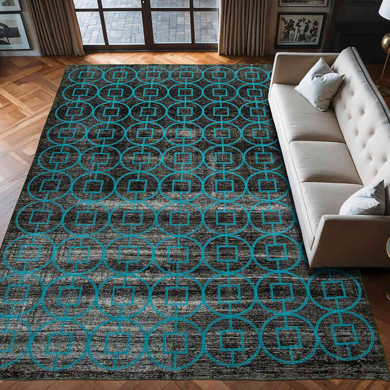 Siyah İşlemeli ve Boyalı El Dokuma Vintage Halı - 292 cm x 420 cm - K0042745