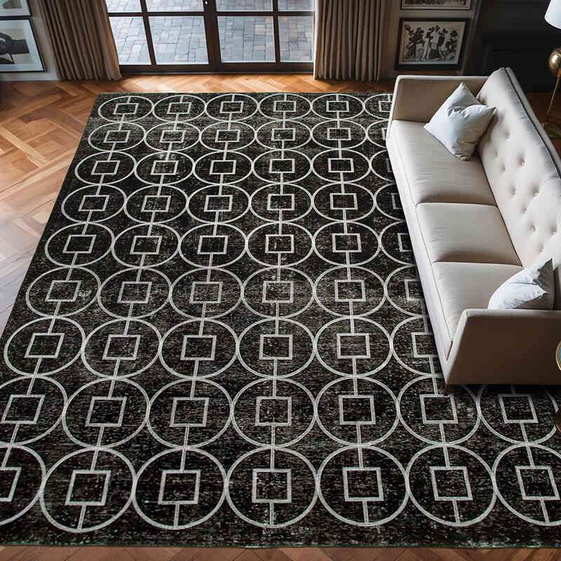 Siyah İşlemeli ve Boyalı El Dokuma Vintage Halı - 287 cm x 373 cm - K0042752