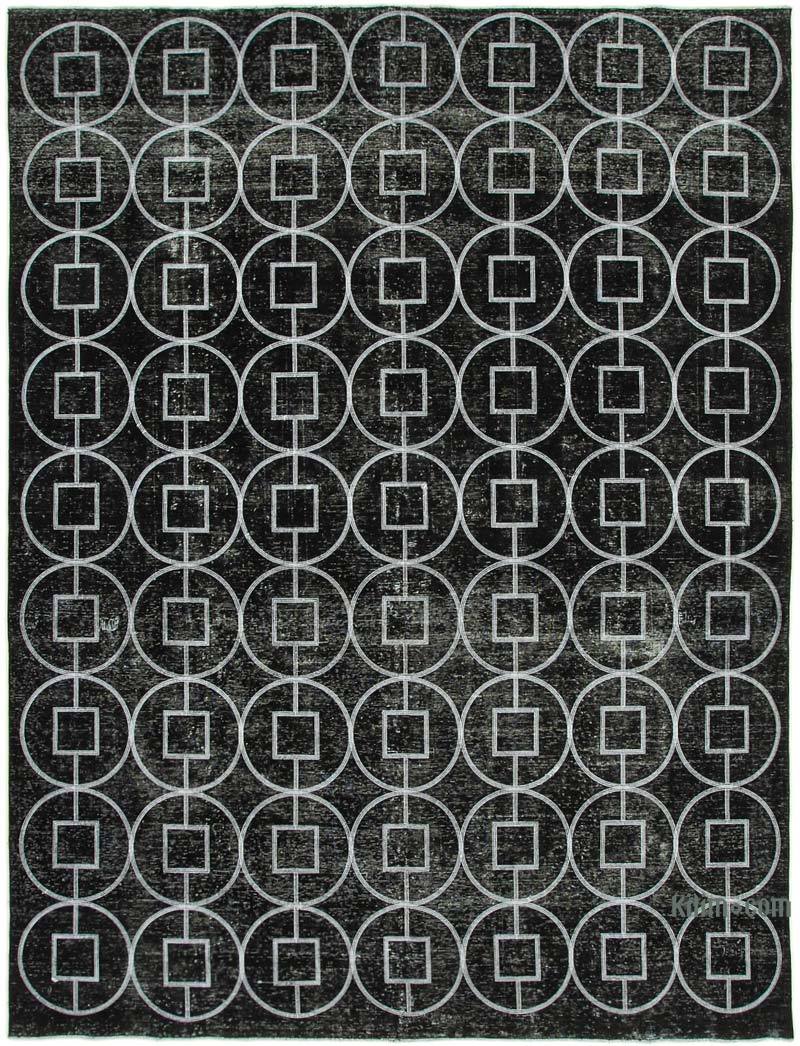 Siyah İşlemeli ve Boyalı El Dokuma Vintage Halı - 287 cm x 373 cm - K0042752