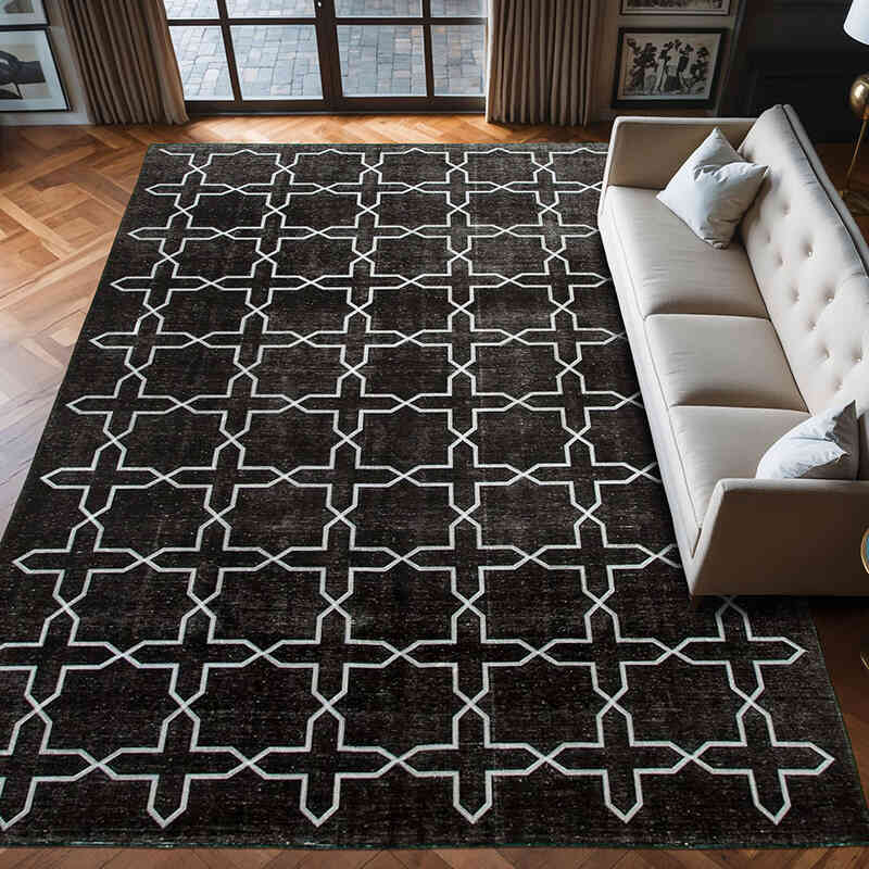 Siyah İşlemeli ve Boyalı El Dokuma Vintage Halı - 272 cm x 394 cm - K0042758