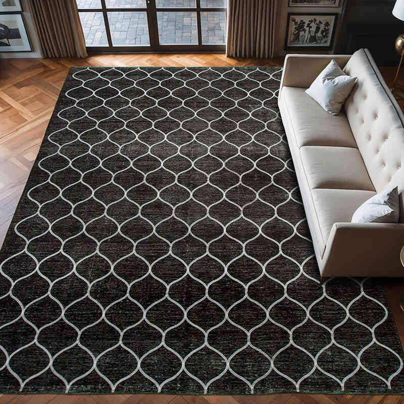Siyah İşlemeli ve Boyalı El Dokuma Vintage Halı - 288 cm x 400 cm - K0042765