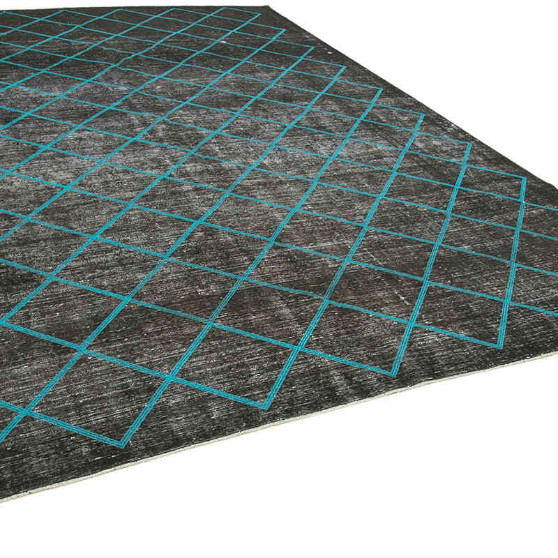 Siyah İşlemeli ve Boyalı El Dokuma Vintage Halı - 297 cm x 415 cm - K0042769