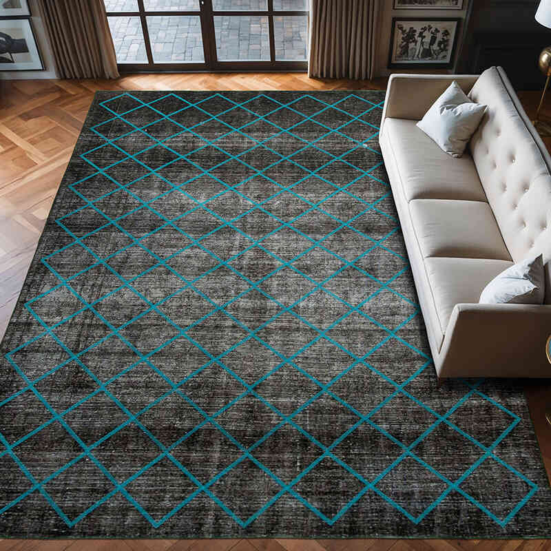 Siyah İşlemeli ve Boyalı El Dokuma Vintage Halı - 297 cm x 415 cm - K0042769