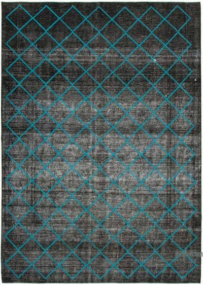 Siyah İşlemeli ve Boyalı El Dokuma Vintage Halı - 297 cm x 415 cm