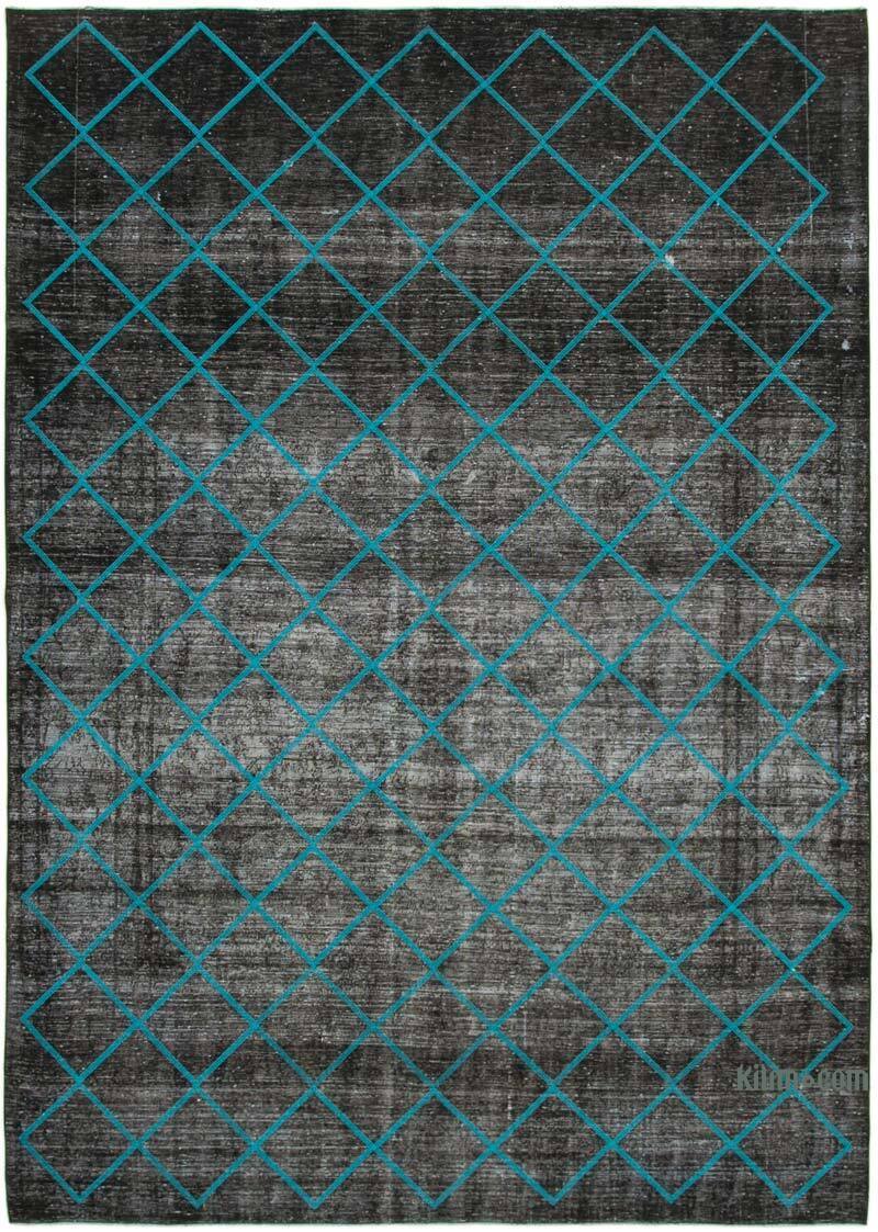 Siyah İşlemeli ve Boyalı El Dokuma Vintage Halı - 297 cm x 415 cm - K0042769