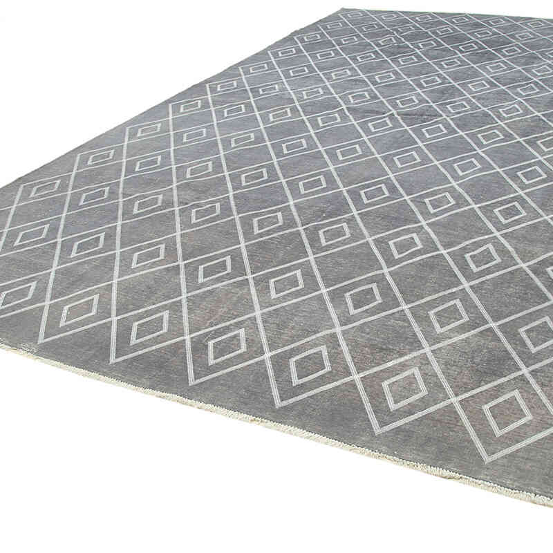 Gri İşlemeli ve Boyalı El Dokuma Vintage Halı - 302 cm x 484 cm - K0042773