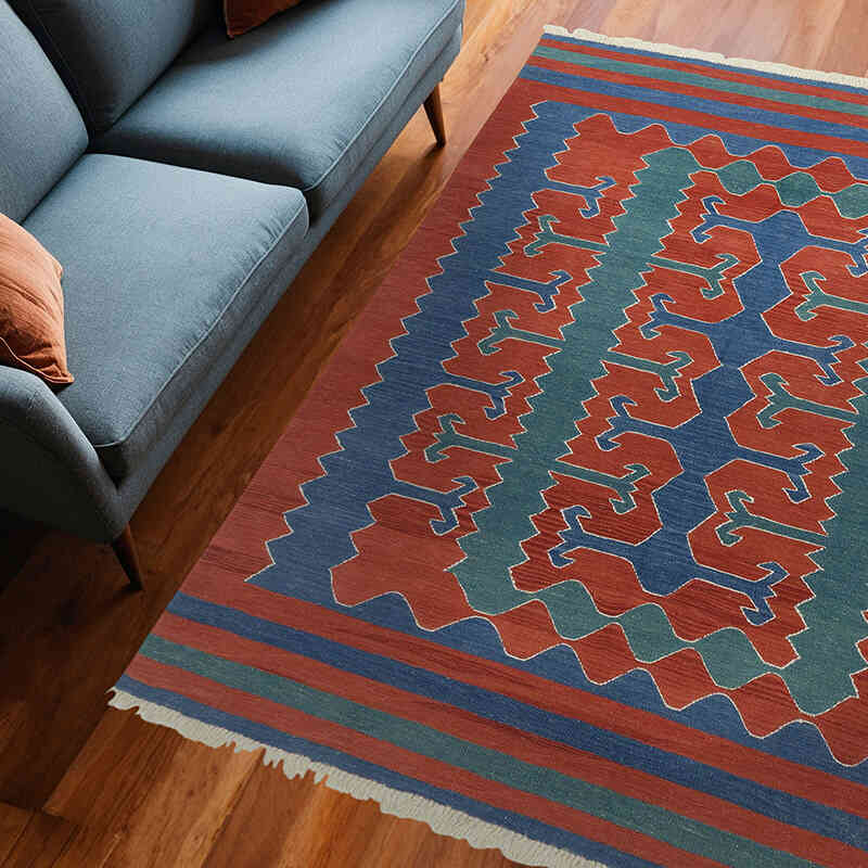 Rojo, Azul Oscuro Nueva Alfombra Turca Kilim - 185 cm x 245 cm - K0043350