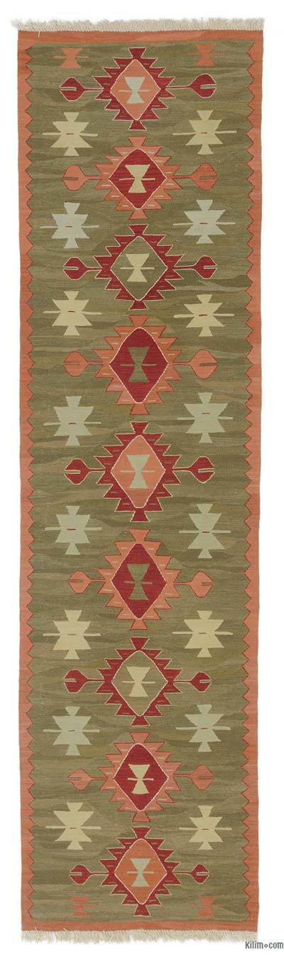 Green New Handwoven Turkish Kilim Runner - 3' 1" x 11' 7" (37" x 139")