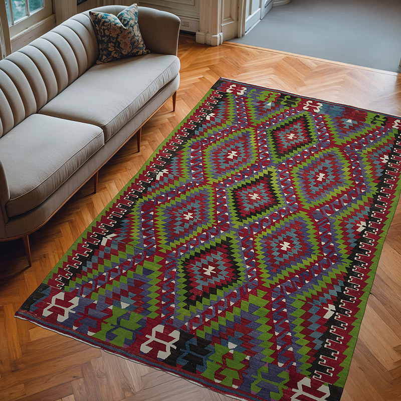 Multicolor Vintage Denizli Kilim Rug - 6' 6" x 9' 11" (78" x 119") - K0044486