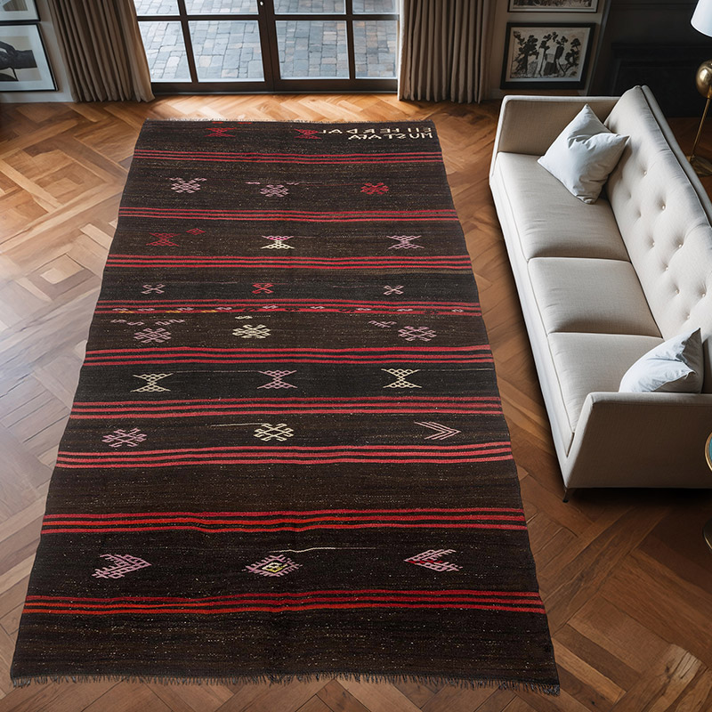 Marrón Alfombra Vintage Kilim Turca - 198 cm x 375 cm - K0047080