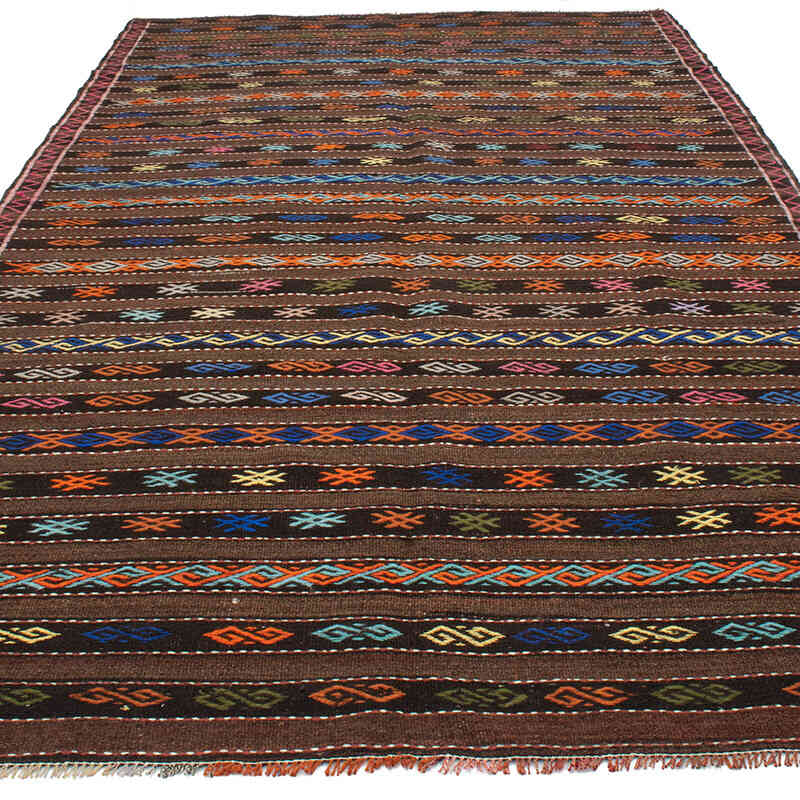 Brown, Multicolor Vintage Turkish Kilim Rug - 6' 1" x 12' 2" (73" x 146") - K0047082