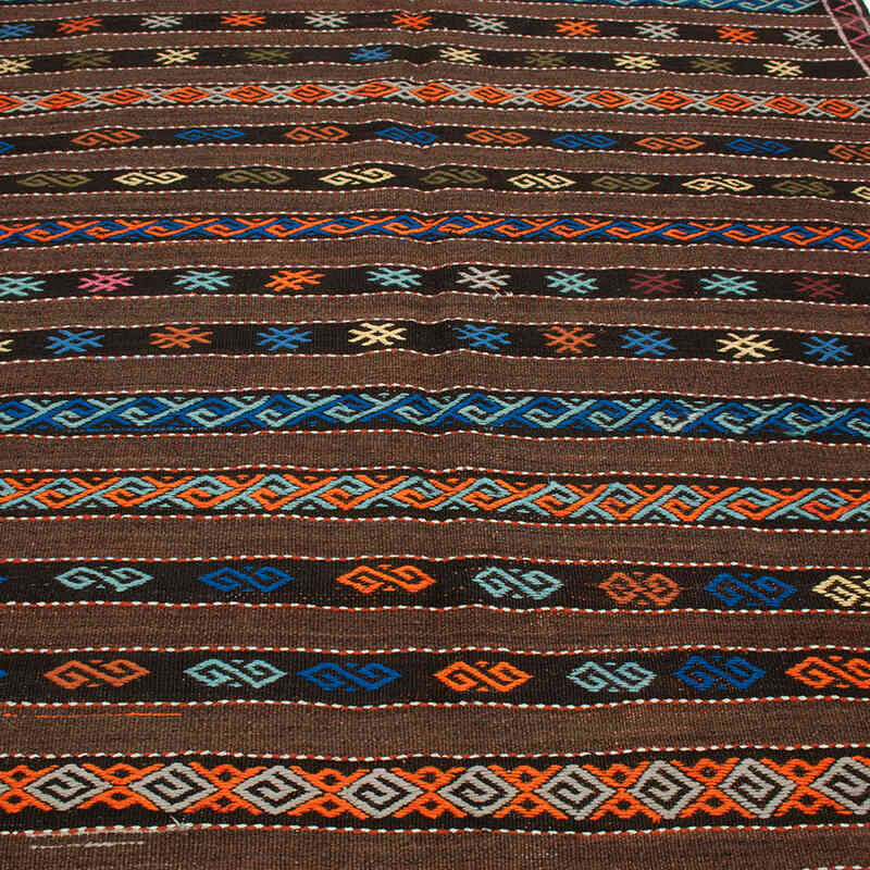 Brown, Multicolor Vintage Turkish Kilim Rug - 6' 1" x 12' 2" (73" x 146") - K0047082