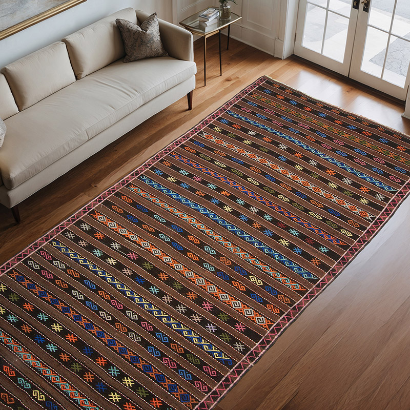 Marrón, Multicolor Alfombra Vintage Kilim Turca - 185 cm x 370 cm - K0047082