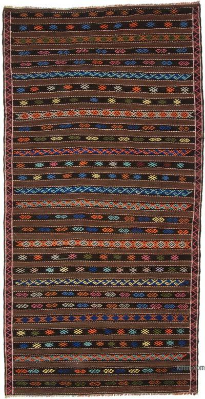 Brown, Multicolor Vintage Turkish Kilim Rug - 6' 1" x 12' 2" (73" x 146")