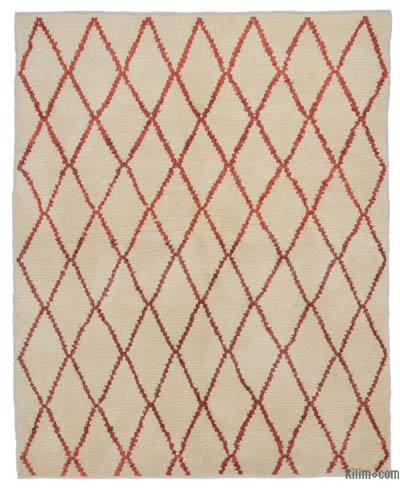 Beige, Red New Moroccan Style Hand-Knotted Tulu Rug - 4' 8" x 5' 10" (56" x 70")