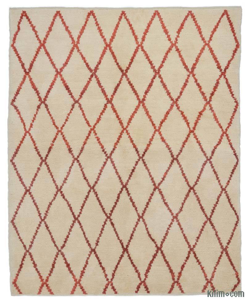 Beige, Red New Moroccan Style Hand-Knotted Tulu Rug - 4' 8" x 5' 10" (56" x 70") - K0047147