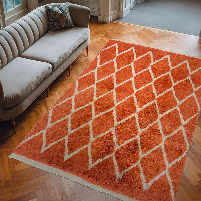 Orange New Moroccan Style Hand-Knotted Tulu Rug - 7'  x 10' 2" (84" x 122") - K0047152