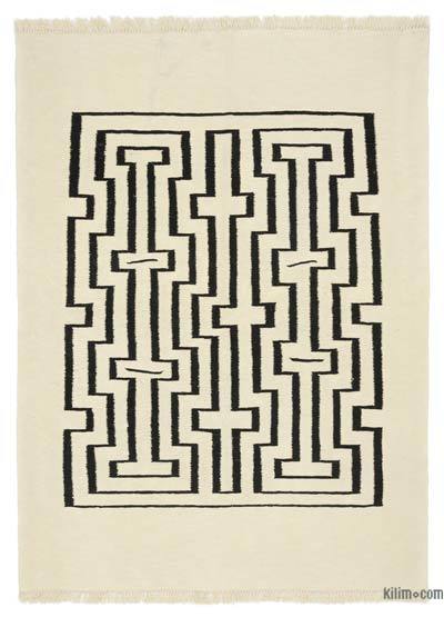 Beige, Black New Handwoven Turkish Kilim Rug
