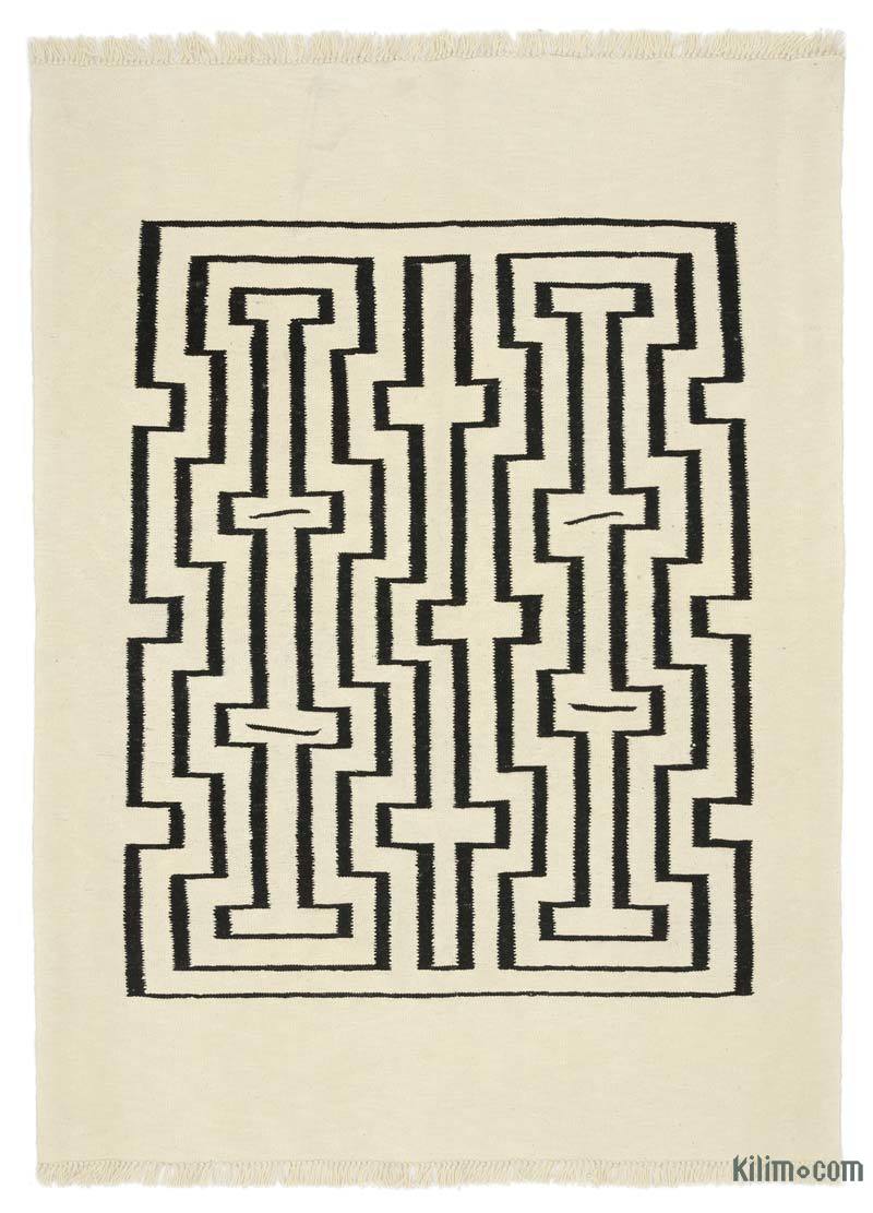 Beige, Black New Handwoven Turkish Kilim Rug - K0048515
