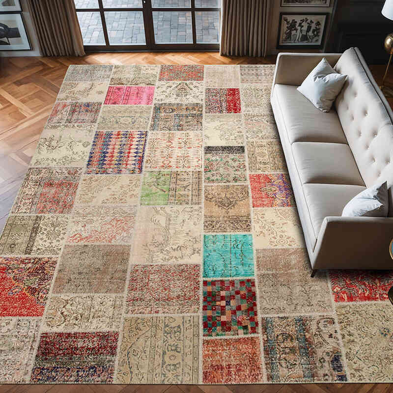 Patchwork Hand-Knotted Turkish Rug - 9' 11" x 13' 3" (119" x 159") - K0049449