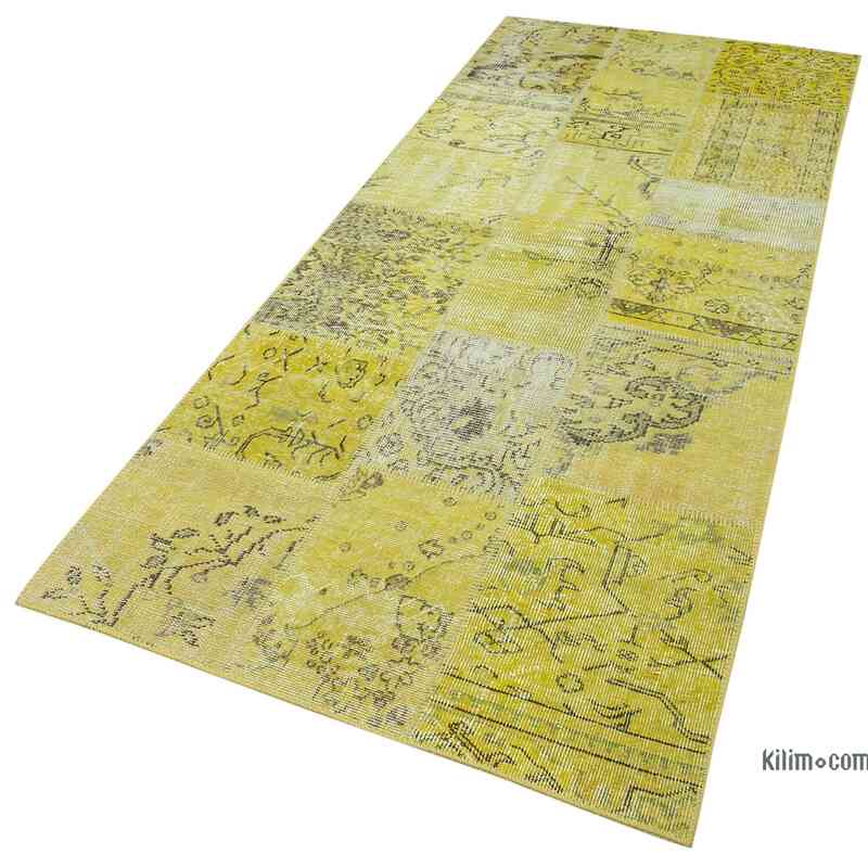 Yellow Patchwork Hand-Knotted Turkish Runner - 3' 6" x 8' 5" (42" x 101") - K0049646
