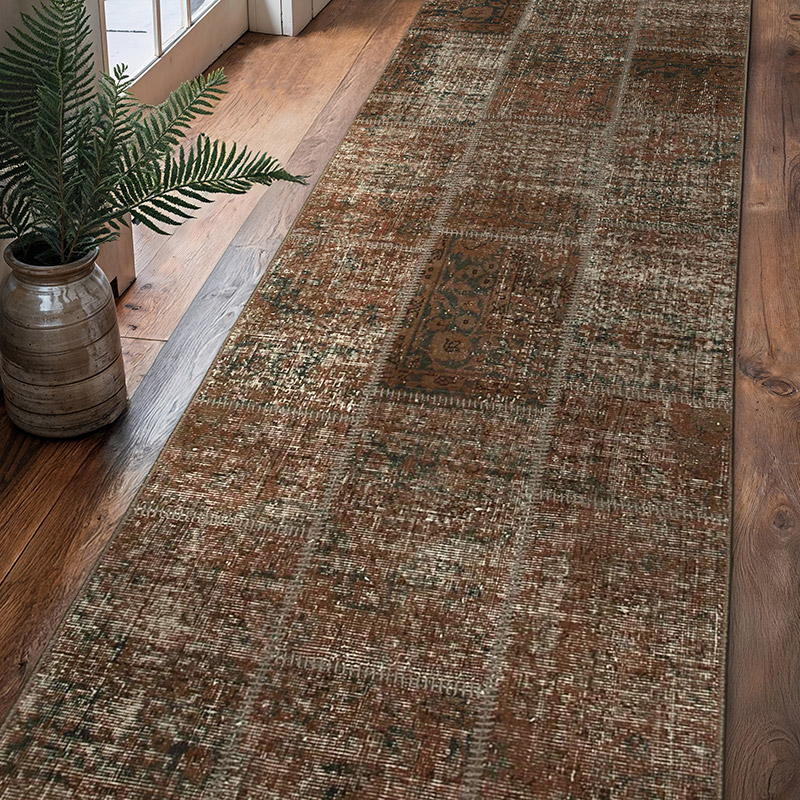 Marrón Alfombra De Retazos Turca Sobre-teñida - 86 cm x 306 cm - K0049655