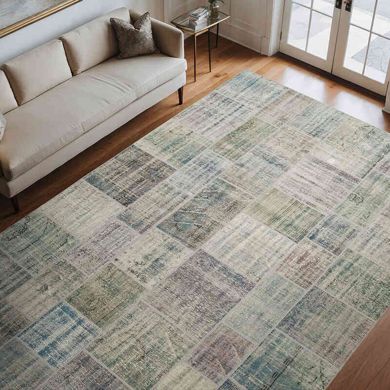 Blue Patchwork Hand-Knotted Turkish Rug - 8' 2" x 11' 9" (98" x 141") - K0049706