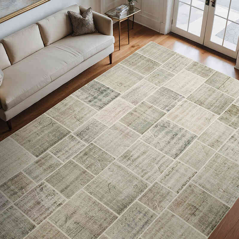 Gray Patchwork Hand-Knotted Turkish Rug - 8' 2" x 11' 6" (98" x 138") - K0049718