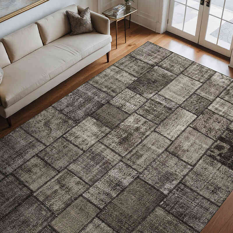 Black Patchwork Hand-Knotted Turkish Rug - 8' 4" x 11' 8" (100" x 140") - K0049733