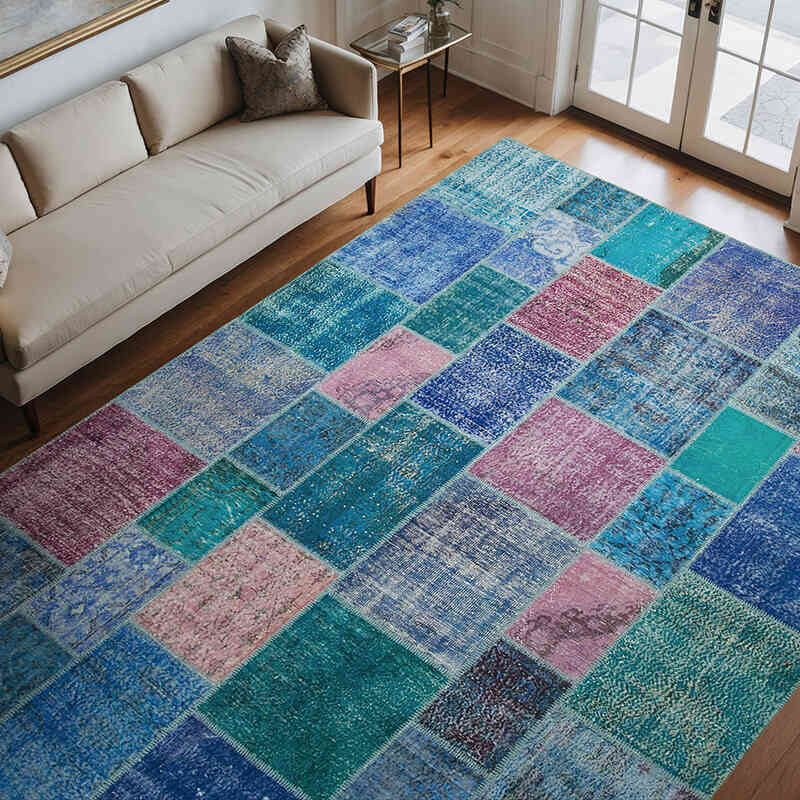 Azul Oscuro, Púrpura Alfombra De Retazos Turca Sobre-teñida - 260 cm x 353 cm - K0049765