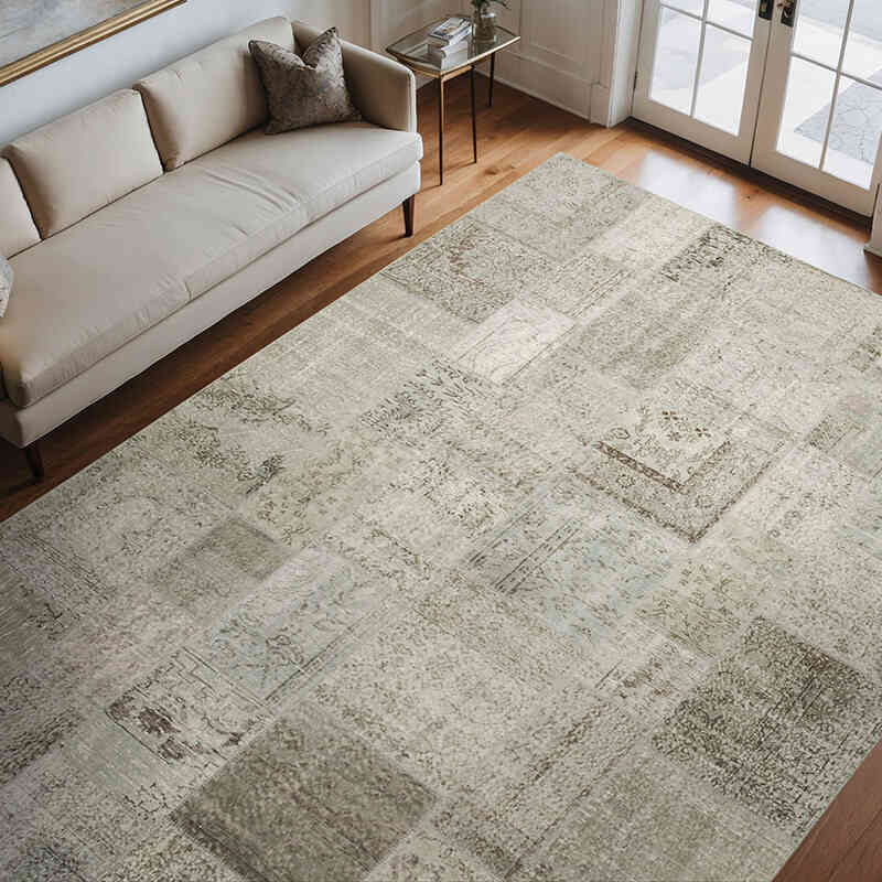 Gray Patchwork Hand-Knotted Turkish Rug - 8' 2" x 11' 6" (98" x 138") - K0049795