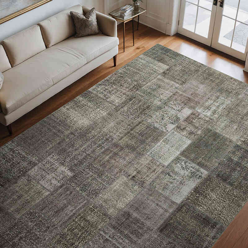 Gray Patchwork Hand-Knotted Turkish Rug - 8' 1" x 11' 6" (97" x 138") - K0049815