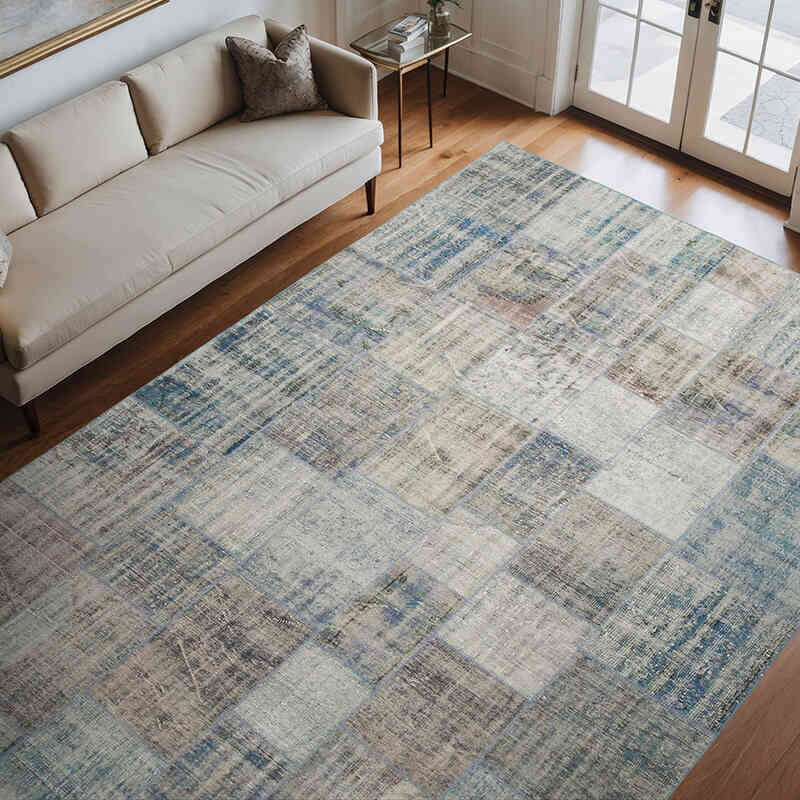 Mavi Boyalı Patchwork Halı - 247 cm x 356 cm - K0049838