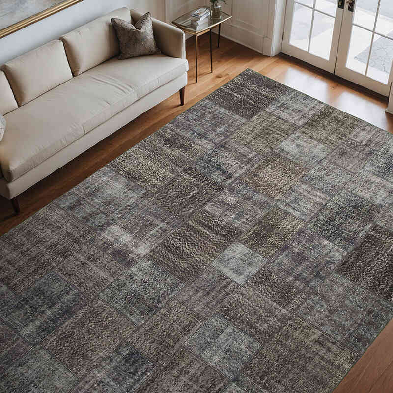 Gray Patchwork Hand-Knotted Turkish Rug - 8' 1" x 11' 7" (97" x 139") - K0049843