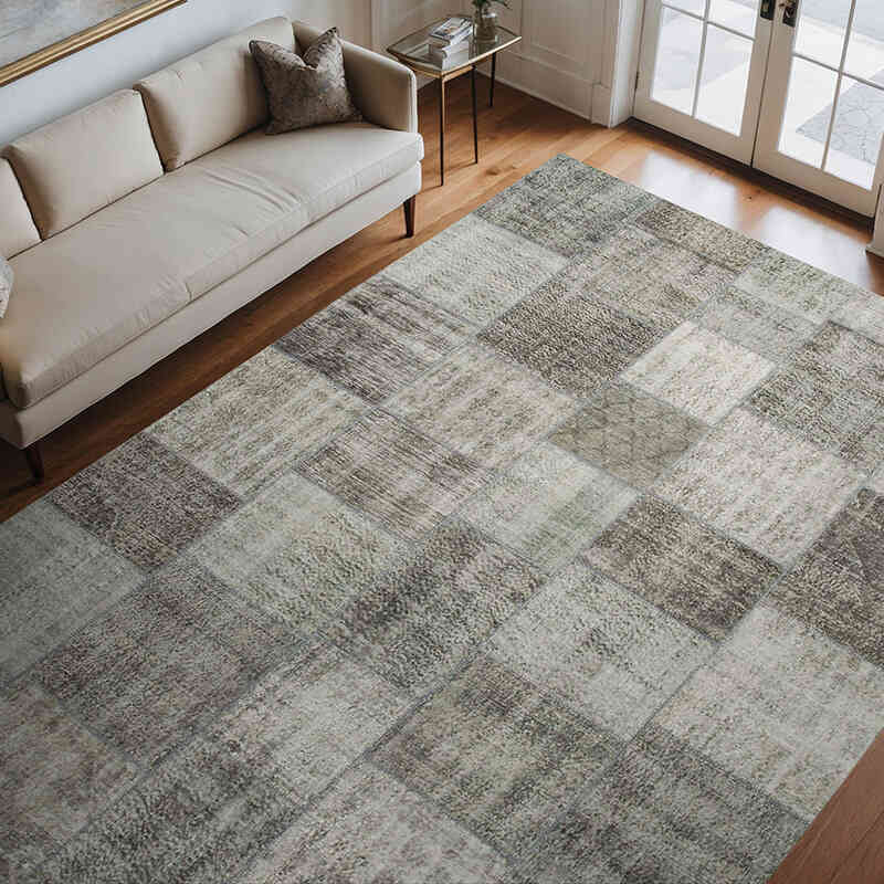 Gray Patchwork Hand-Knotted Turkish Rug - 8'  x 11' 4" (96" x 136") - K0049852
