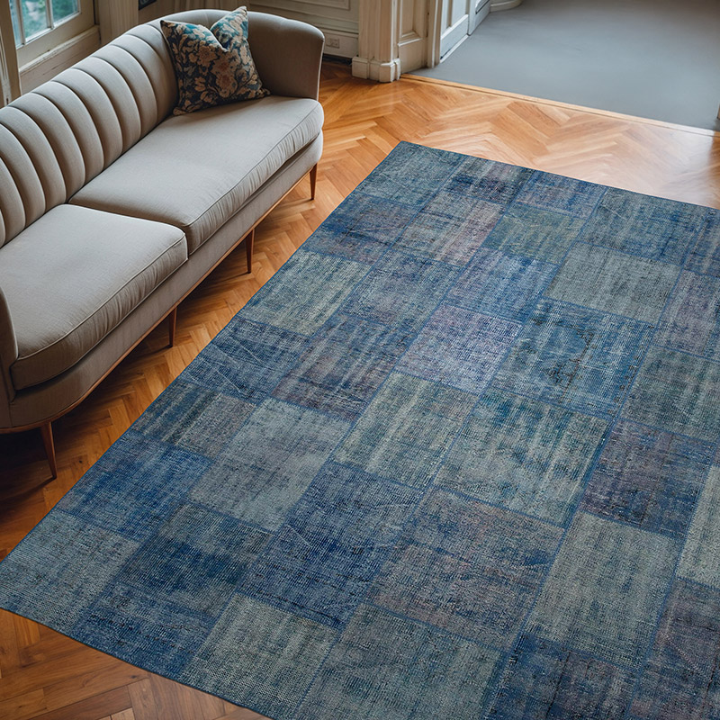 Azul Alfombra De Retazos Turca Sobre-teñida - 244 cm x 298 cm - K0049884