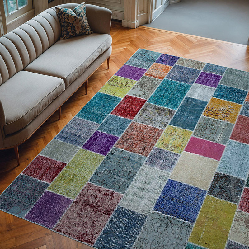 Multicolor Patchwork Hand-Knotted Turkish Rug - 8' 2" x 9' 9" (98" x 117") - K0049887
