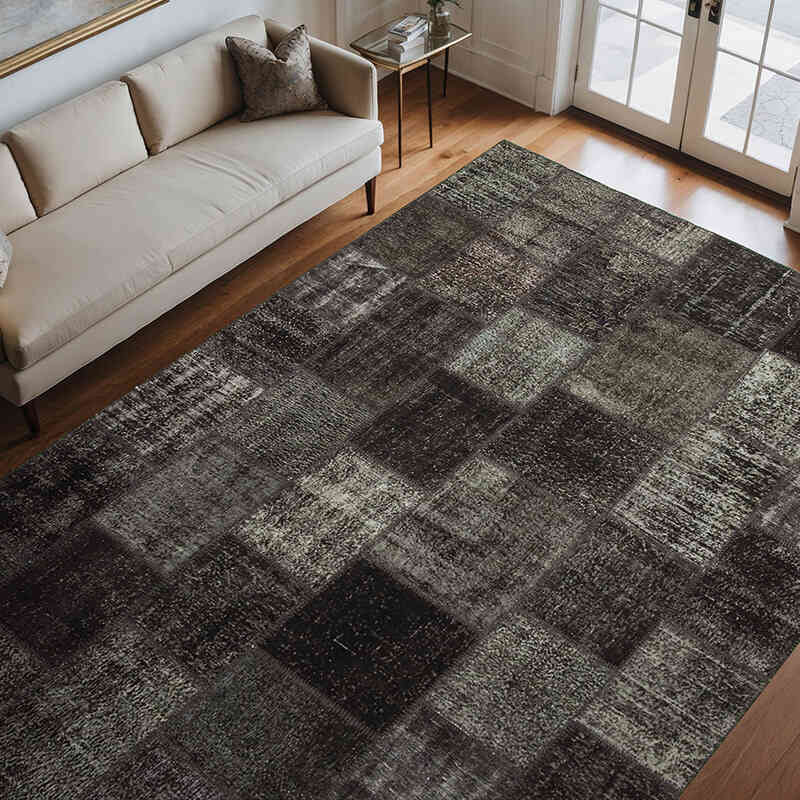 Negro Alfombra De Retazos Turca Sobre-teñida - 249 cm x 353 cm - K0049943