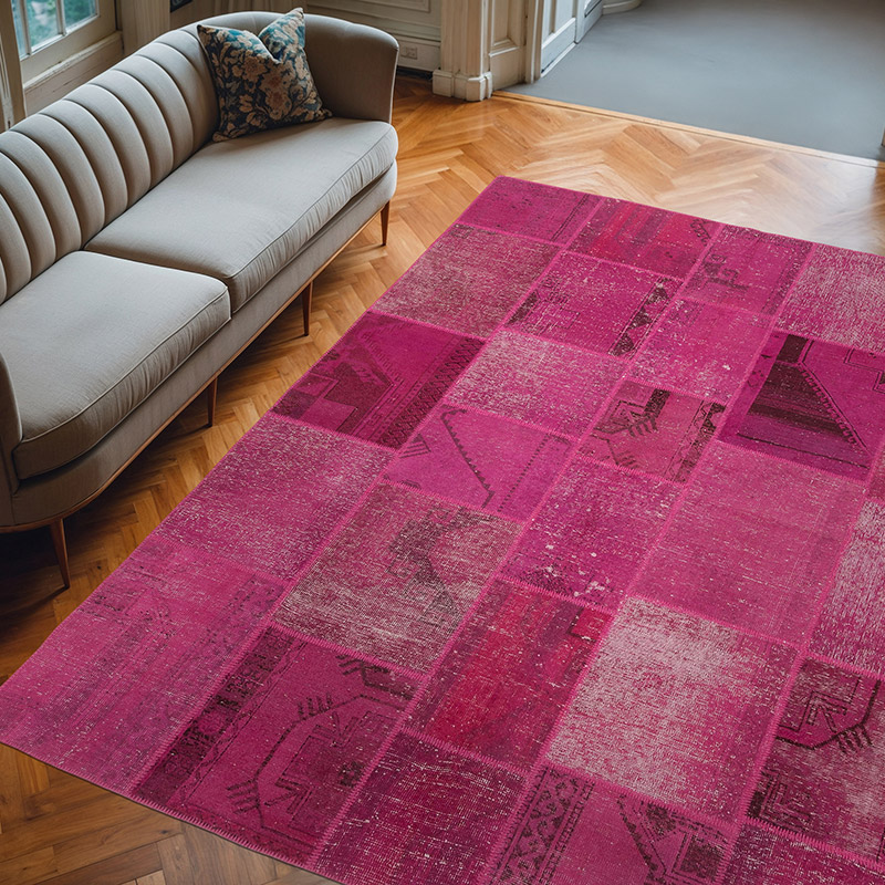 Pink Patchwork Hand-Knotted Turkish Rug - 8' 2" x 9' 11" (98" x 119") - K0049977