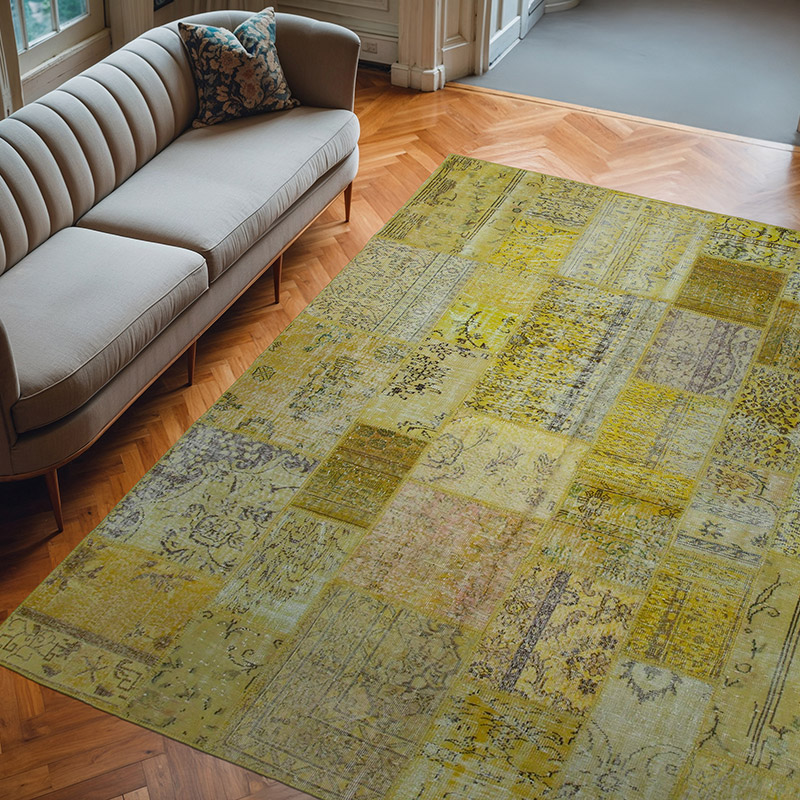 Amarillo Alfombra De Retazos Turca Sobre-teñida - 260 cm x 305 cm - K0049982
