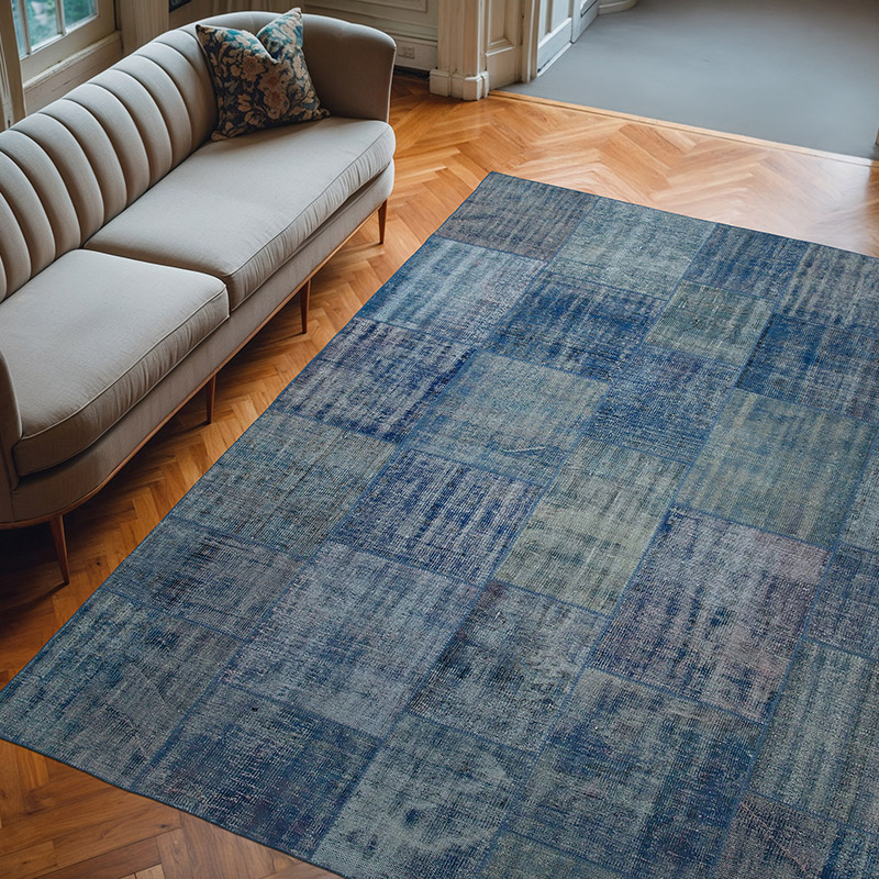 Blue Patchwork Hand-Knotted Turkish Rug - 8'  x 9' 8" (96" x 116") - K0050007