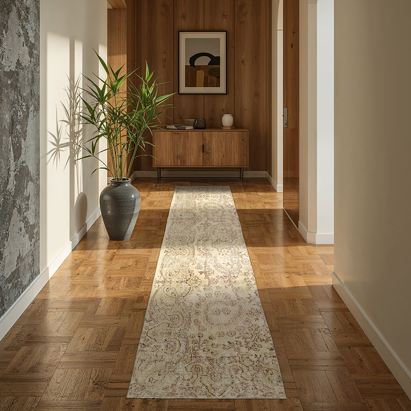 Bej Boyalı El Dokuma Vintage Halı Yolluk - 83 cm x 290 cm - K0050082