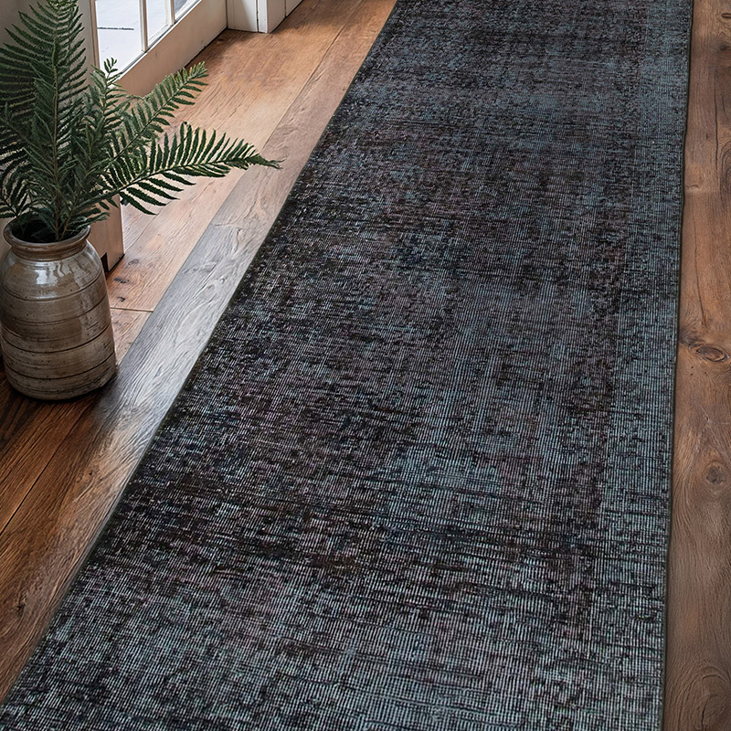 Negro Alfombra de Pasillo Turca Vintage Sobreteñida - 93 cm x 324 cm - K0050166