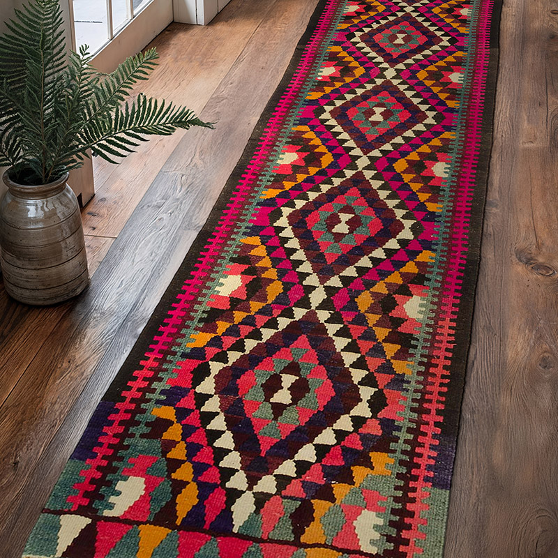 Multicolor Alfombra Kilim Tribal Vintage - 85 cm x 335 cm - K0050403