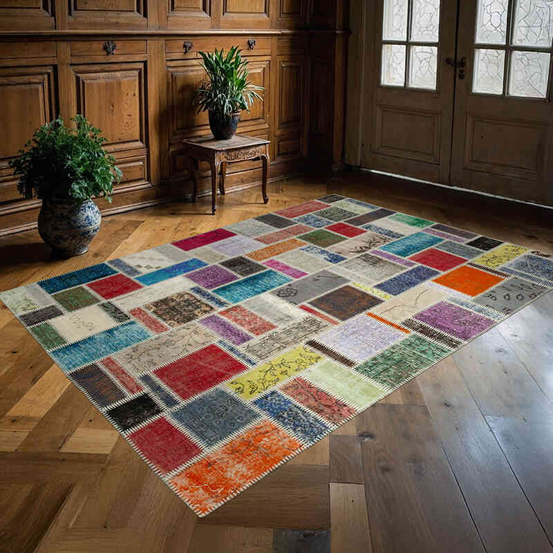 Multicolor Patchwork Hand-Knotted Turkish Rug - 5' 8" x 7' 10" (68" x 94") - K0051042