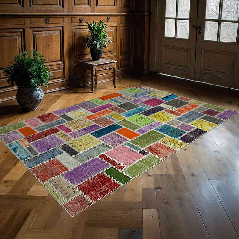 Multicolor Patchwork Hand-Knotted Turkish Rug - 5' 6" x 8' 2" (66" x 98") - K0051055