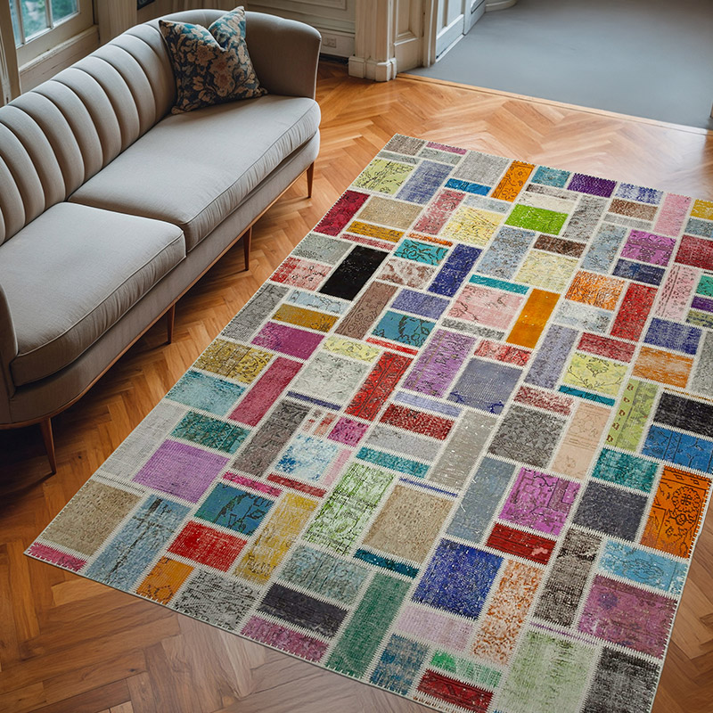 Multicolor Patchwork Hand-Knotted Turkish Rug - 6' 9" x 9' 9" (81" x 117") - K0051066